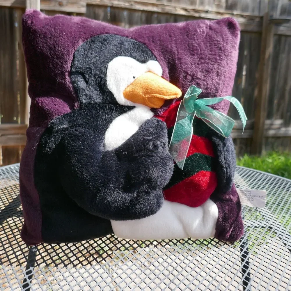 3-D Penguin Plush Pillow Christmas Winter Present Bow Purple 13 inch Vintage